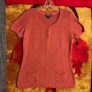 EDDIE BAUER-women’s pink short sleeve double-button crewneck pullover sweater